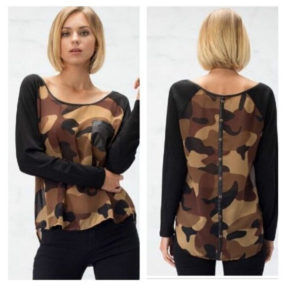 Women's Sheer Camo Print Summer‎ Top Long Sleeve Button Back Detail Size Small - Picture 1 of 7